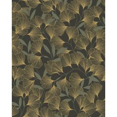   Harmonikus elrendezésű gingko levélminta fekete zöld és arany tónus fémes hatás tapéta
