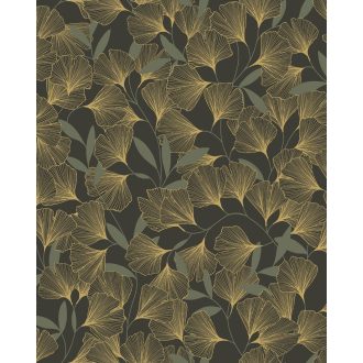   Harmonikus elrendezésű gingko levélminta fekete zöld és arany tónus fémes hatás tapéta