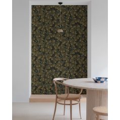   Harmonikus elrendezésű gingko levélminta fekete zöld és arany tónus fémes hatás tapéta