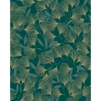   Harmonikus elrendezésű gingko levélminta smaragdzöld zöld és arany tónus fémes hatás tapéta