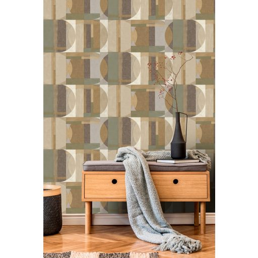 Impulzív és változatos szines geometriai minta krém bézs szürkésbézs barna szürke antracit és zöld tónus tapéta