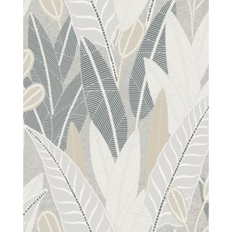   Stilizált /absztrakt/ grafikus trópusi levélminta fehér bézs szürke és zöld tónus tapéta