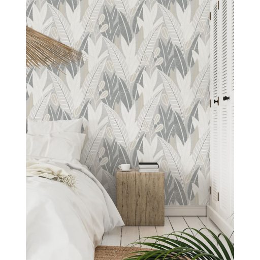 Stilizált /absztrakt/ grafikus trópusi levélminta fehér bézs szürke és zöld tónus tapéta