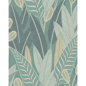   Stilizált /absztrakt/ grafikus trópusi levélminta zöld krém bézs és türkizzöld tónus tapéta
