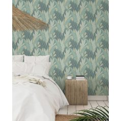   Stilizált /absztrakt/ grafikus trópusi levélminta zöld krém bézs és türkizzöld tónus tapéta