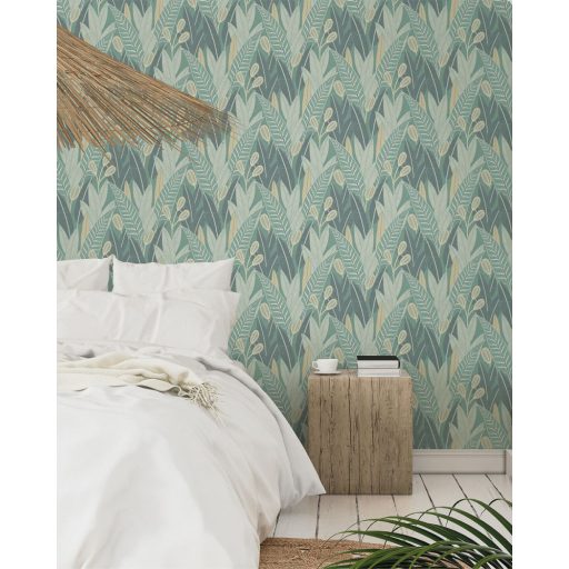 Stilizált /absztrakt/ grafikus trópusi levélminta zöld krém bézs és türkizzöld tónus tapéta