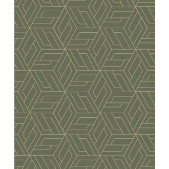   Mozgalmas absztrakt geometriai minta zöld/zsályazöld és arany tónus fémes hatás tapéta