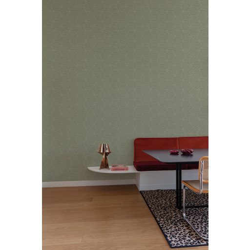 Mozgalmas absztrakt geometriai minta zöld/zsályazöld és arany tónus fémes hatás tapéta