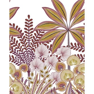   Elragadó kissé naív változatos pálmalevelek kompozíciója fehér bordó/lila fűszeres curry olívzöld és barnás-lila tónus falpanel