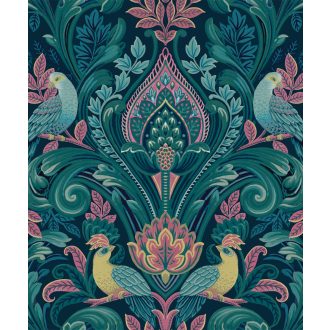   Szines etno damaszt díszítőmotívum sötétkék zöld kékeszöld türkiz sárga és mályva tónus tapéta