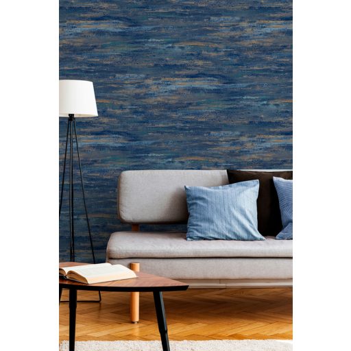 Egyedülálló vizuális élmény! Kortárs beton megjelenítés absztrakt festékcsíkokkal mélykék kék és rézszín tónus fémes hatás tapéta