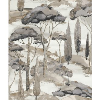   Kilátás a lombkorona sétányra! Változatos koronás fők/fák tájkép minta fehér szürke barna és fekete tónus tapéta