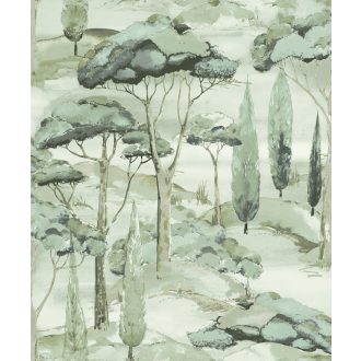   Kilátás a lombkorona sétányra! Változatos koronás fők/fák tájkép minta fehér zöld szürkészöld és sötétszürke tónus tapéta