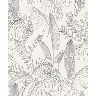   Grafikus ábrázolású /tollrajz/ változatos trópusi levelek fehér és tollfekete tónus tapéta