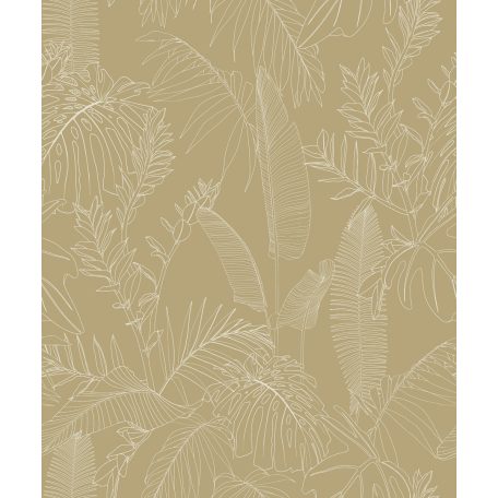 Grafikus ábrázolású /tollrajz/ változatos trópusi levelek sárgásbarna/zöldessárga és krém tónus tapéta