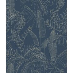   Grafikus ábrázolású /tollrajz/ változatos trópusi levelek kék/sötétkék és törtfehér tónus tapéta