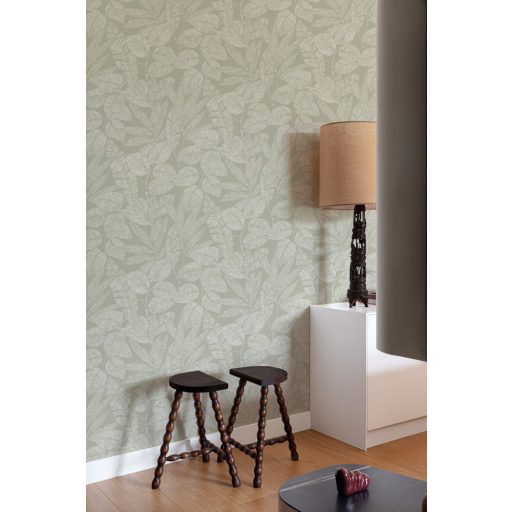 Természetes és kiegyensúlyozott keleti stílusú grafikus levélmintázat szürke/zöldesszürke és fehér tónus tapéta