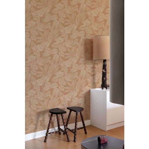 Természetes és kiegyensúlyozott keleti stílusú grafikus levélmintázat fáradt narancs/narancsos barna és fehér tónus tapéta