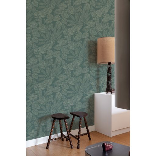 Természetes és kiegyensúlyozott keleti stílusú grafikus levélmintázat zöld/sötétzöld és bézs tónus tapéta