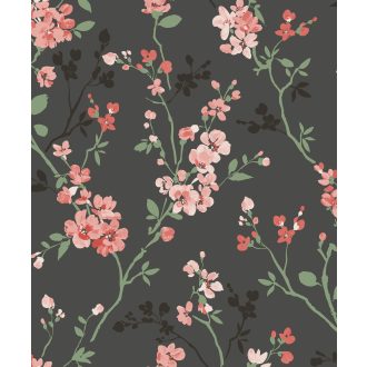   A jázmin virágzása - Harmonikus keleti virágmotívum antracit fekete zöld rózsaszín és korall tónus tapéta