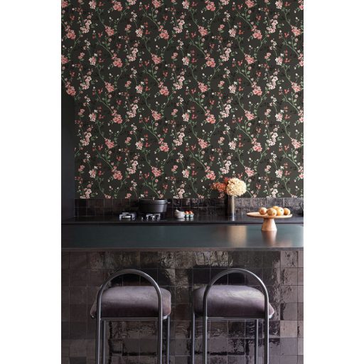 A jázmin virágzása - Harmonikus keleti virágmotívum antracit fekete zöld rózsaszín és korall tónus tapéta