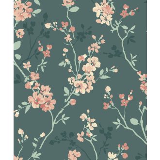   A jázmin virágzása - Harmonikus keleti virágmotívum sötétzöld világoszöld rózsaszín és korall tónus tapéta