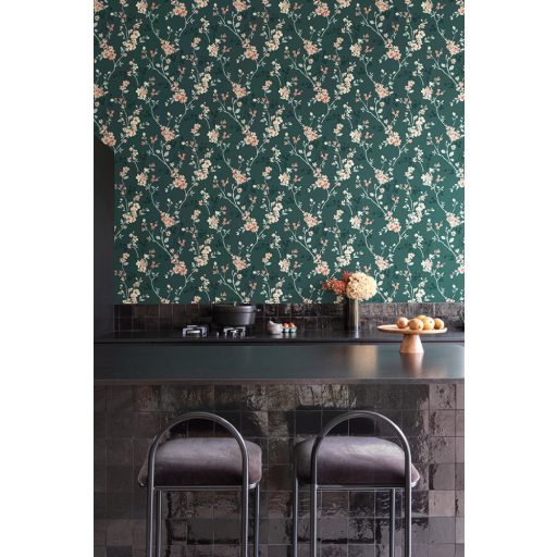 A jázmin virágzása - Harmonikus keleti virágmotívum sötétzöld világoszöld rózsaszín és korall tónus tapéta