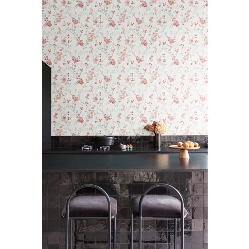 A jázmin virágzása - Harmonikus keleti virágmotívum törtfehér világoszöld rózsaszín és korall tónus tapéta