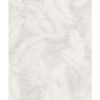   Sejtelmes gondolatébresztő nagyformátumú trópusi levelek mintája szürkésfehér világosszürke és szürke tónus tapéta