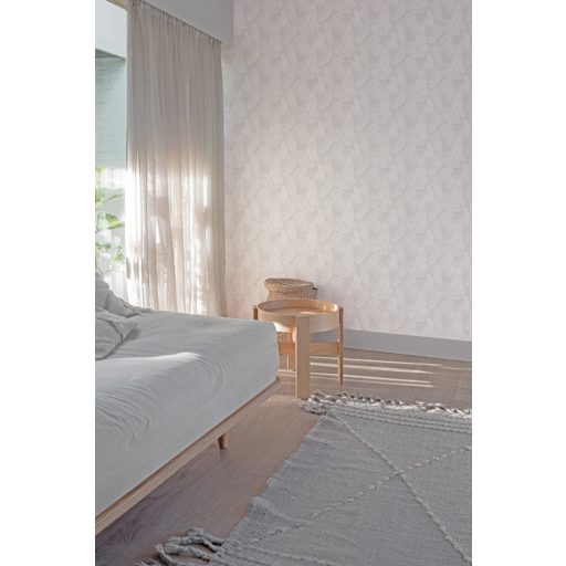 Sejtelmes gondolatébresztő nagyformátumú trópusi levelek mintája szürkésfehér világosszürke és szürke tónus tapéta