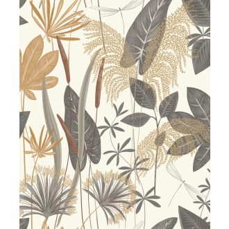   Gyékényfélék és más vízparti növények változatos levél mintája fehér szürke barna sötétszürke és fémes finom fényű arany tapéta