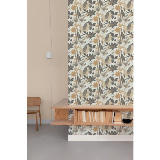 Gyékényfélék és más vízparti növények változatos levél mintája fehér szürke barna sötétszürke és fémes finom fényű arany tapéta