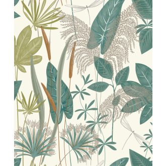   Gyékényfélék és más vízparti növények változatos levél mintája fehér zöld barna és fémes finom fényű arany tapéta