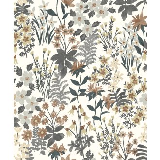   Mindig mindenkor virágzik! "Klasszikus" virágok grafikus mintája fehér szürke bézs barna szürkésbézs és bézsarany tónus tapéta