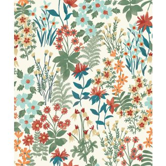   Mindig mindenkor virágzik! "Klasszikus" virágok grafikus mintája fehér kék zöld világos türkiz piros és bézsarany tónus tapéta