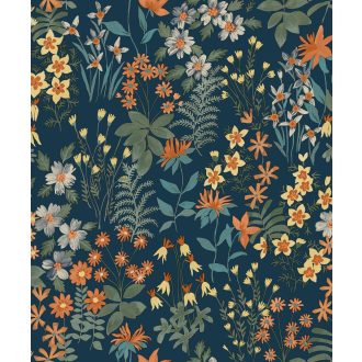   Mindig mindenkor virágzik! "Klasszikus" virágok grafikus mintája sötétkék szürkészöld kék korallszín sárga és halvány lila tónus tapéta