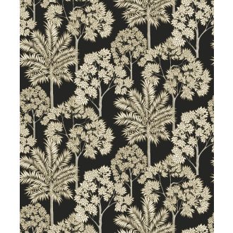   Kies pálmaliget grafikus mintája fekete krém bézs és arany tónus finom mintafény tapéta