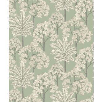   Kies pálmaliget grafikus mintája zöld krém bézs bézsarany szürke ezüst és arany tónus finom mintafény tapéta