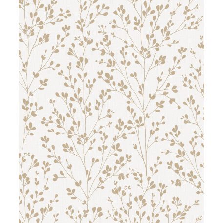 Stilizált filigrán levelek mintája textil háttéren törtfehér és fényes arany mintarajzolat tapéta