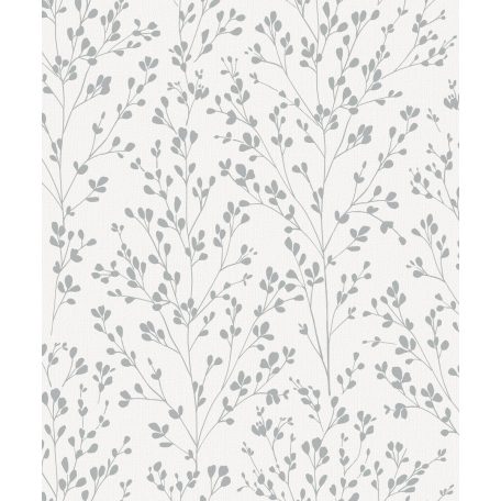 Stilizált filigrán levelek mintája textil háttéren törtfehér és fényes ezüst mintarajzolat tapéta