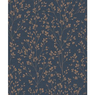   Stilizált filigrán levelek mintája textil háttéren sötétkék és fényes bronz mintarajzolat tapéta