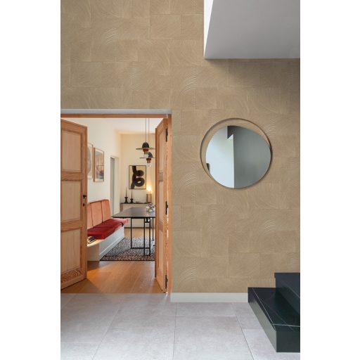 Keleties hatású körívek formálta háromdimenziós grafikus minta barna bézs és krém tónus tapéta