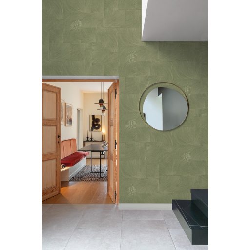 Keleties hatású körívek formálta háromdimenziós grafikus minta zöld és bézs tónus tapéta