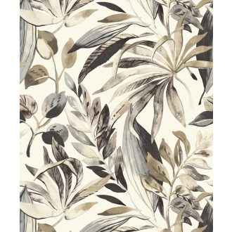   Változatos trópusi levelek stílusos kompozíciója bézs/homokszín olajzöld szénfekete és szürkéskék tónus falpanel