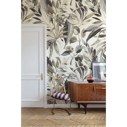 Változatos trópusi levelek stílusos kompozíciója bézs/homokszín olajzöld szénfekete és szürkéskék tónus falpanel