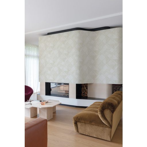 Változatos formájú és textúrájú geometrikus minta törtfehér bézs és bézsarany tónus fémes bézsarany részletek tapéta