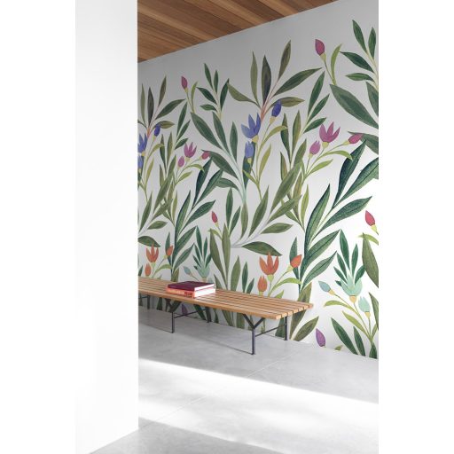 Varázslatos akvarell virág design könnyed művészi felhanggal fehér zöld lila kék narancs és rózsaszín tónus falpanel