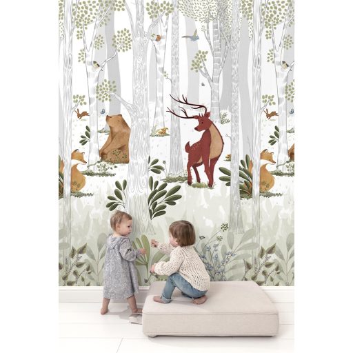 Mágikus kaland az elvarázsolt erdőben "kedvec állatokkal" fehér ezüstszürke rőt barna és zöld tónus falpanel