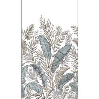   Botanikai elegancia lélegzetelállító banán és más trópusi levelekkel fehér kékesszürke barna zöld és fekete tónus falpanel