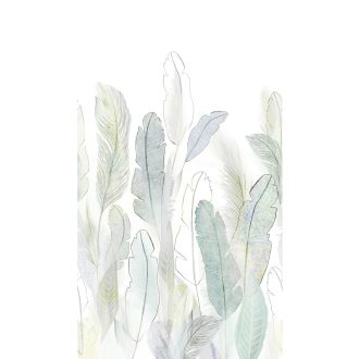   Légies könnyedségű illusztrált (rajzolt) pasztell banánlevelek kompozíció fehér zöld kék szürke és halvány sárga tónus falpanel